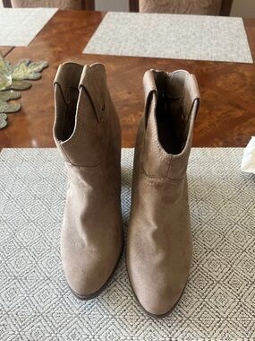 Taupe Suede Ankle Booties with Low Block Heel